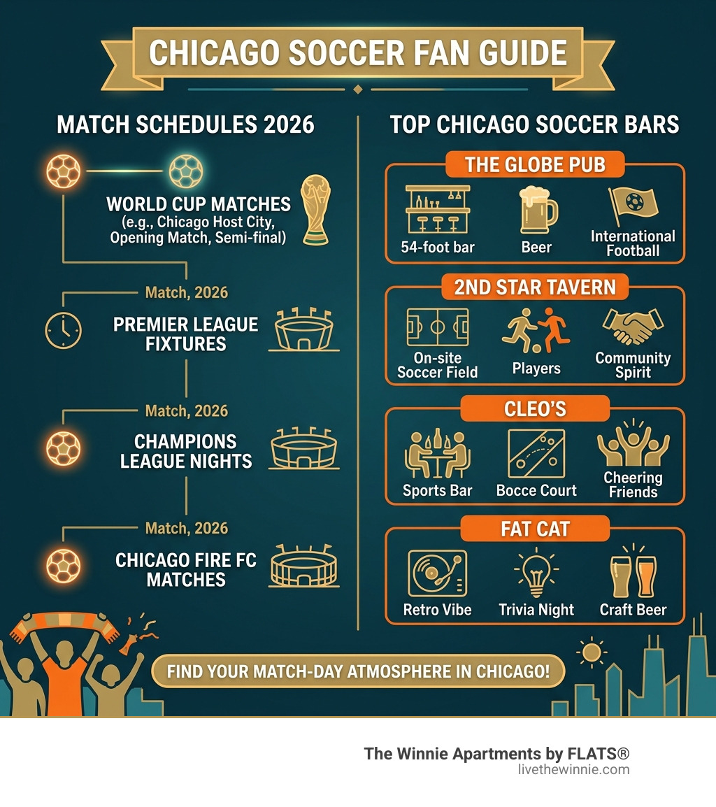 infographic showing soccer match schedules and top Chicago soccer bars for fans - soccer bars near me infographic 