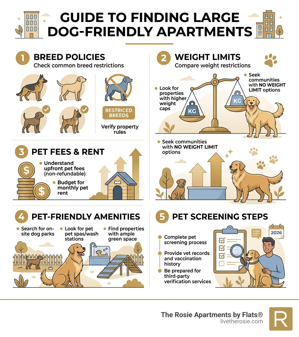 Infographic showing key factors for finding large dog-friendly apartments: breed policies, weight limits, pet fees
