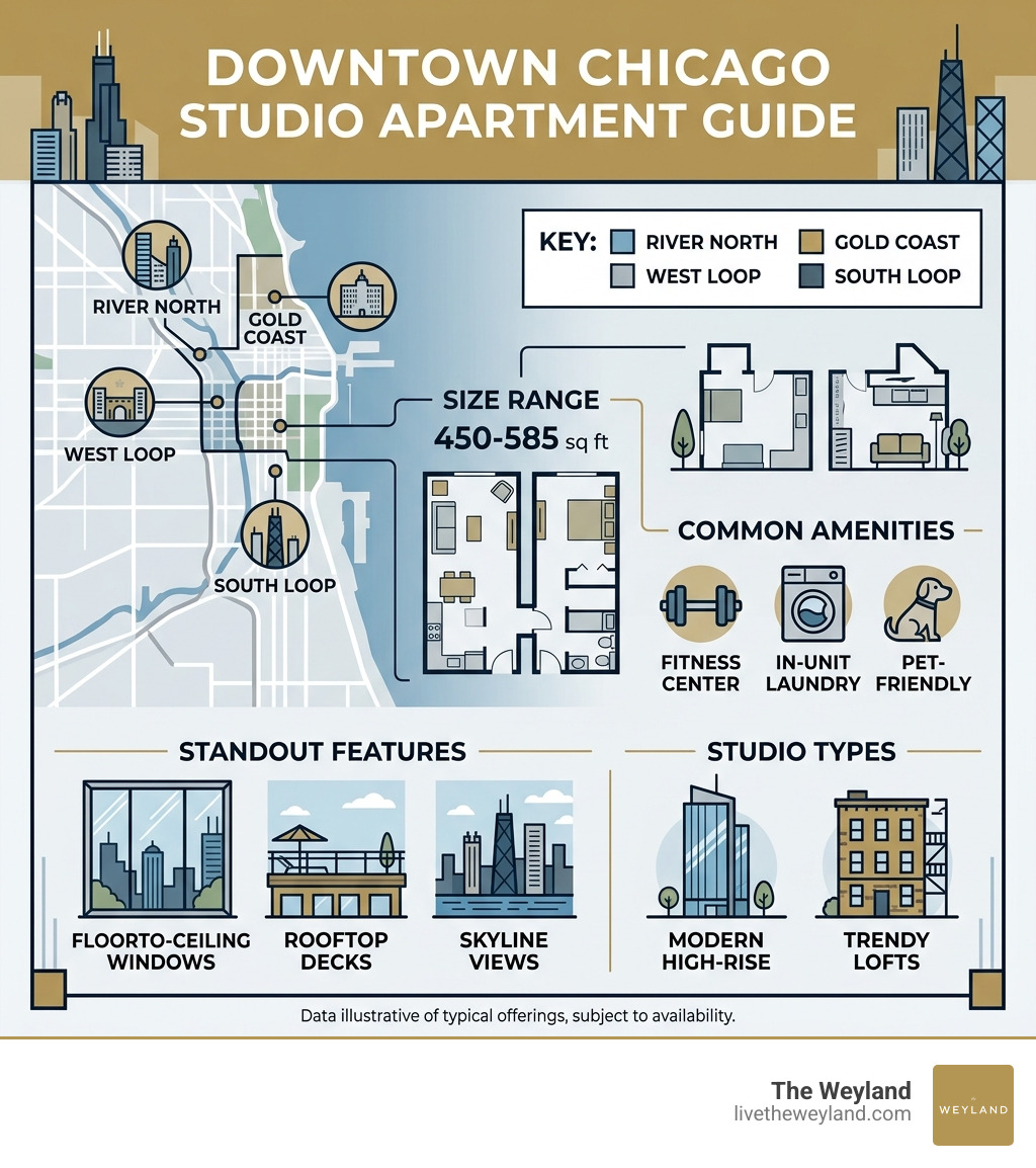 Infographic showing downtown Chicago studio apartment types, sizes, neighborhoods, and key amenities - chicago downtown
