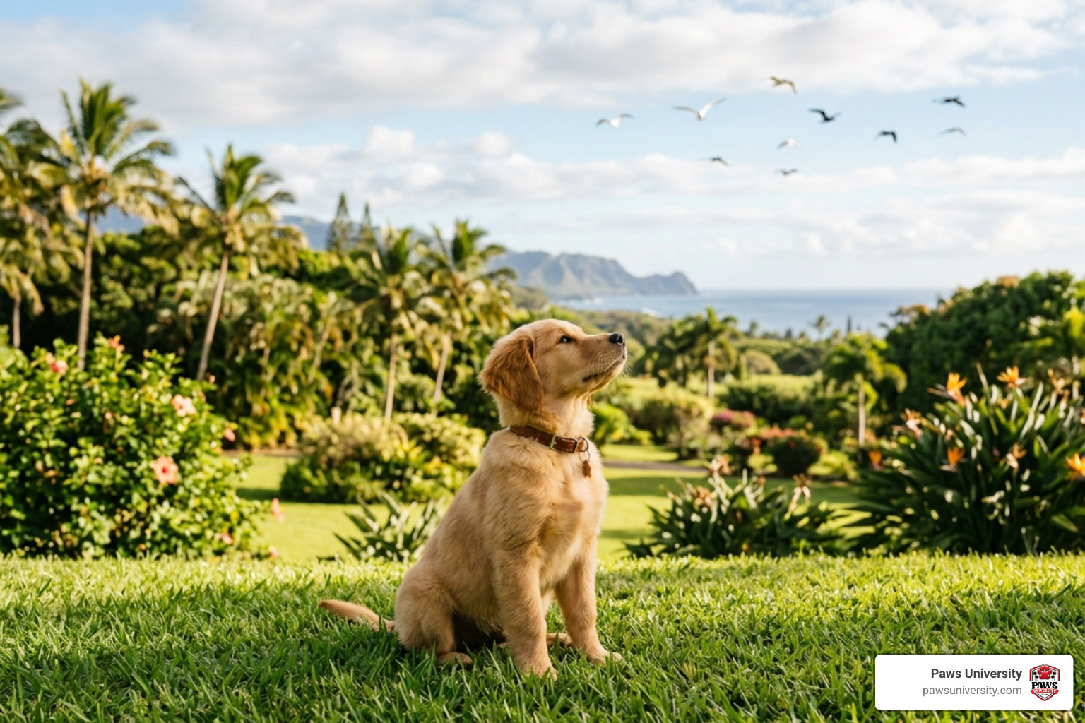 puppy calmly watching birds on a seven-acre campus in Hawaii County - puppy socialization program puppy calmly watching birds on a seven-acre campus in Hawaii County - puppy socialization program
