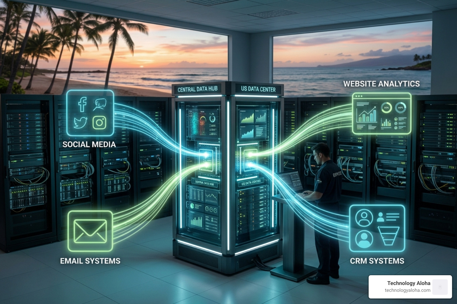 Centralized data hub connecting social media, email, website, and CRM analytics - cohesive marketing ecosystems Centralized data hub connecting social media, email, website, and CRM analytics - cohesive marketing ecosystems