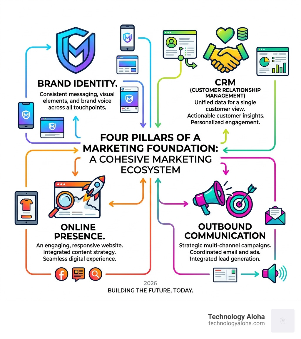 Four pillars of a marketing foundation: Brand Identity, CRM, Online Presence, Outbound Communication infographic - cohesive Four pillars of a marketing foundation: Brand Identity, CRM, Online Presence, Outbound Communication infographic - cohesive
