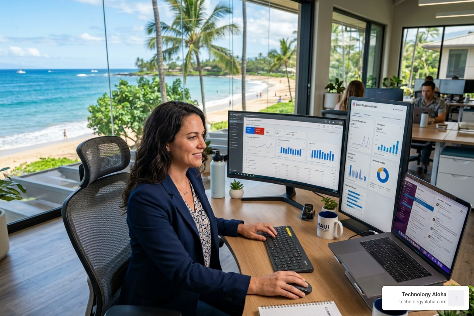 Marketing leader at a desk in Kahului HI orchestrating various digital channels on multiple screens with a beach background Marketing leader at a desk in Kahului HI orchestrating various digital channels on multiple screens with a beach background