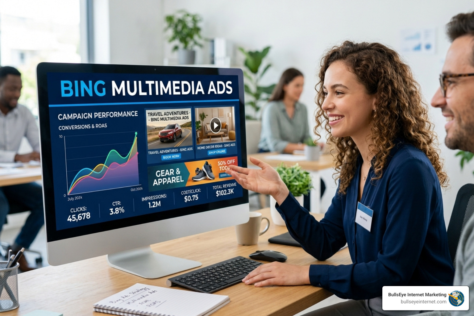 Woman presenting Bing Multimedia Ads performance metrics on a computer screen, featuring campaign statistics, visual content, and promotional offers related to digital marketing strategies.