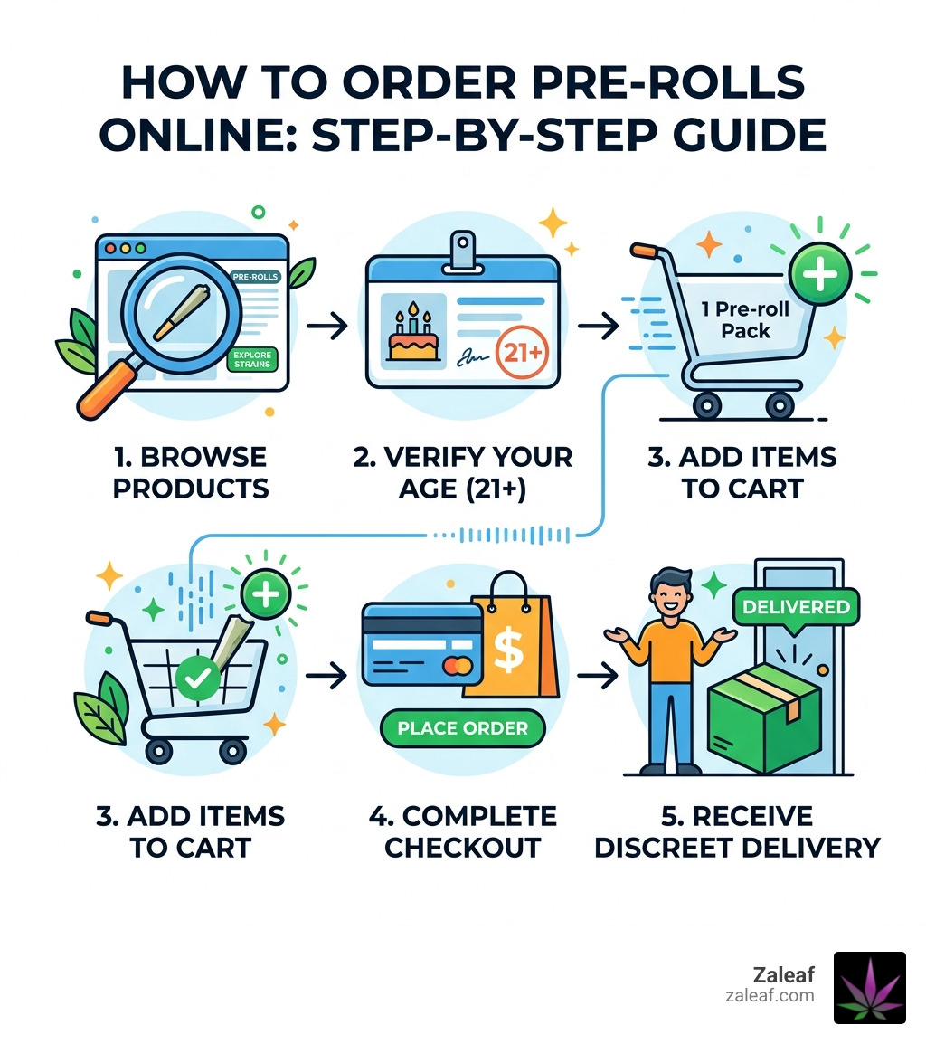 Step-by-step infographic showing how to order pre-rolls online: browse, verify age, add to cart, checkout, receive delivery Step-by-step infographic showing how to order pre-rolls online: browse, verify age, add to cart, checkout, receive delivery