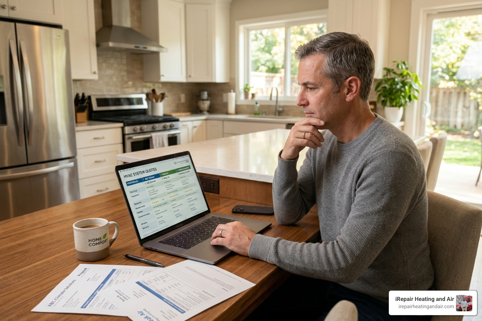 Homeowner reviewing multiple HVAC quotes on a laptop - average cost to replace furnace and ac