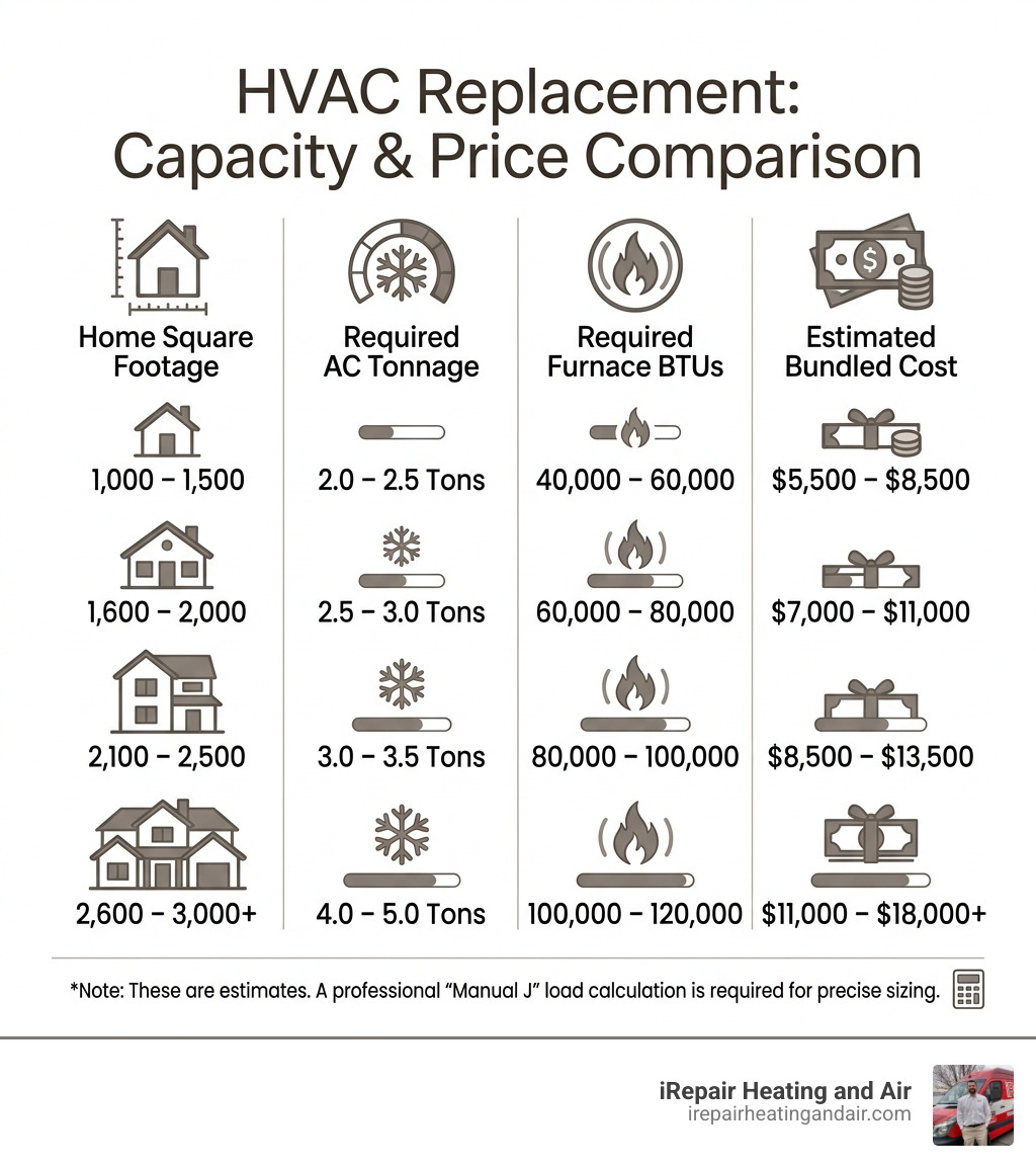 Comparison table of HVAC unit capacity and price based on home square footage - average cost to replace furnace and ac