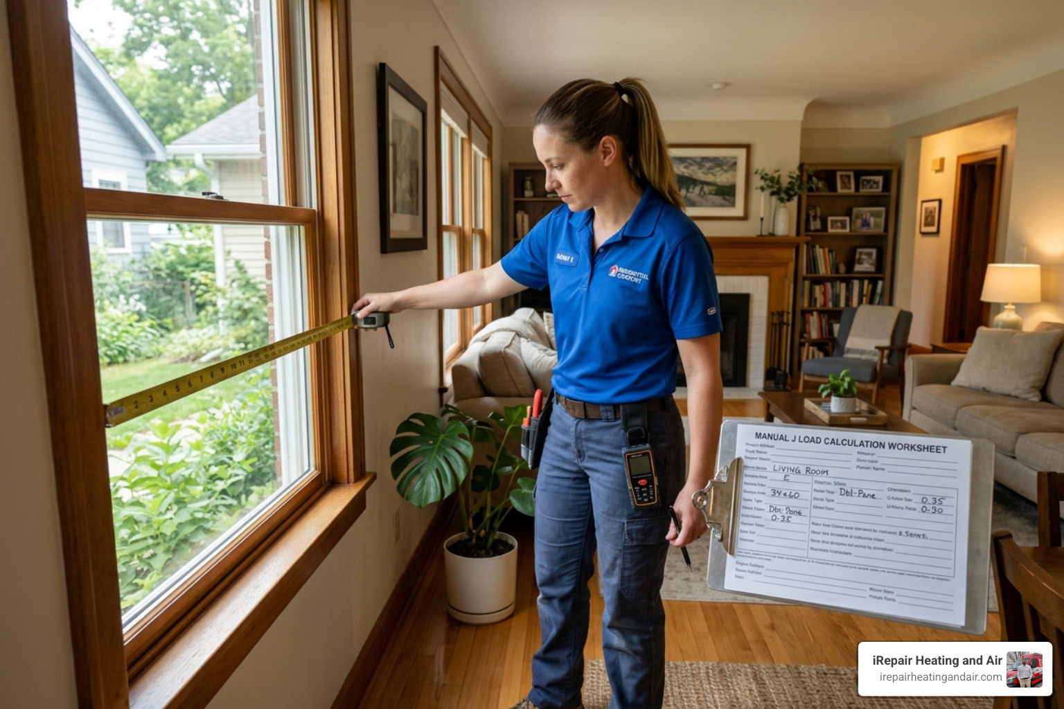 Technician performing a Manual J load calculation in a residential home - average cost to replace furnace and ac
