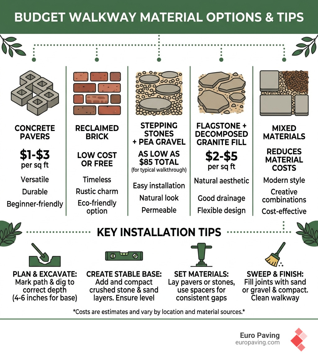 Infographic showing budget walkway material options, costs per sq ft, and key installation tips - simple paver walkway ideas