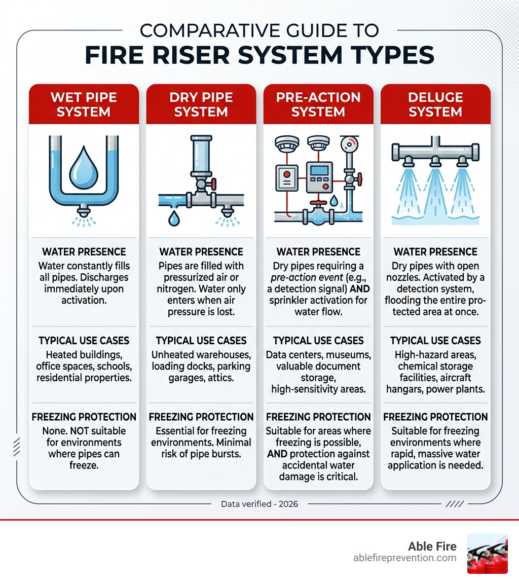 Table comparing fire riser system types: Wet, Dry, Pre-Action, and Deluge. Includes info on water presence, typical use