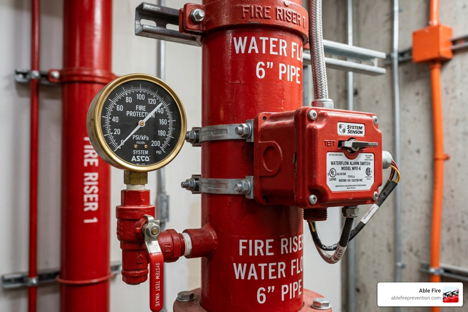 Close up of fire riser pressure gauges and water flow switches - fire riser system