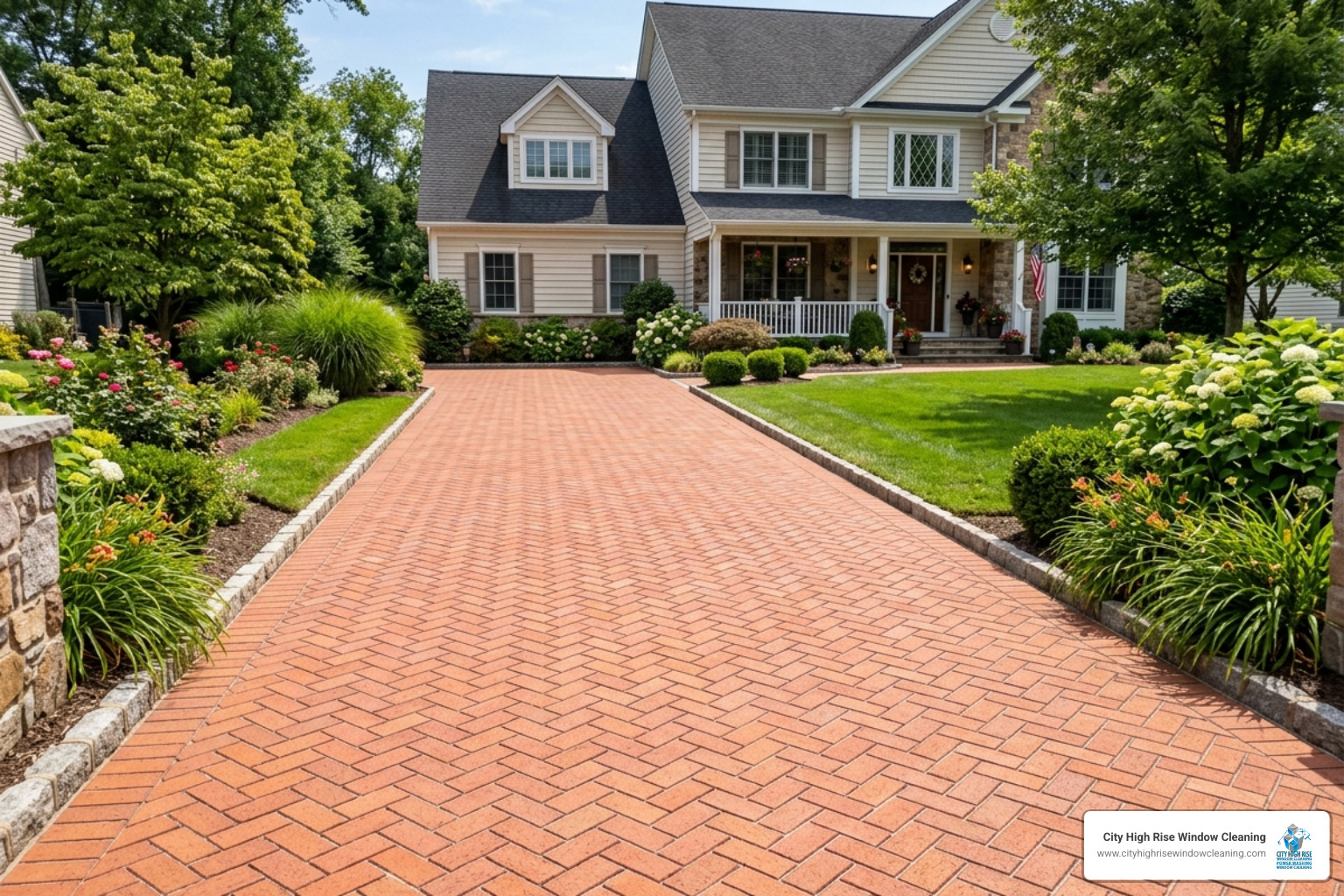 Restored brick paver driveway after professional cleaning in New Jersey - New Jersey pressure washing Restored brick paver driveway after professional cleaning in New Jersey - New Jersey pressure washing
