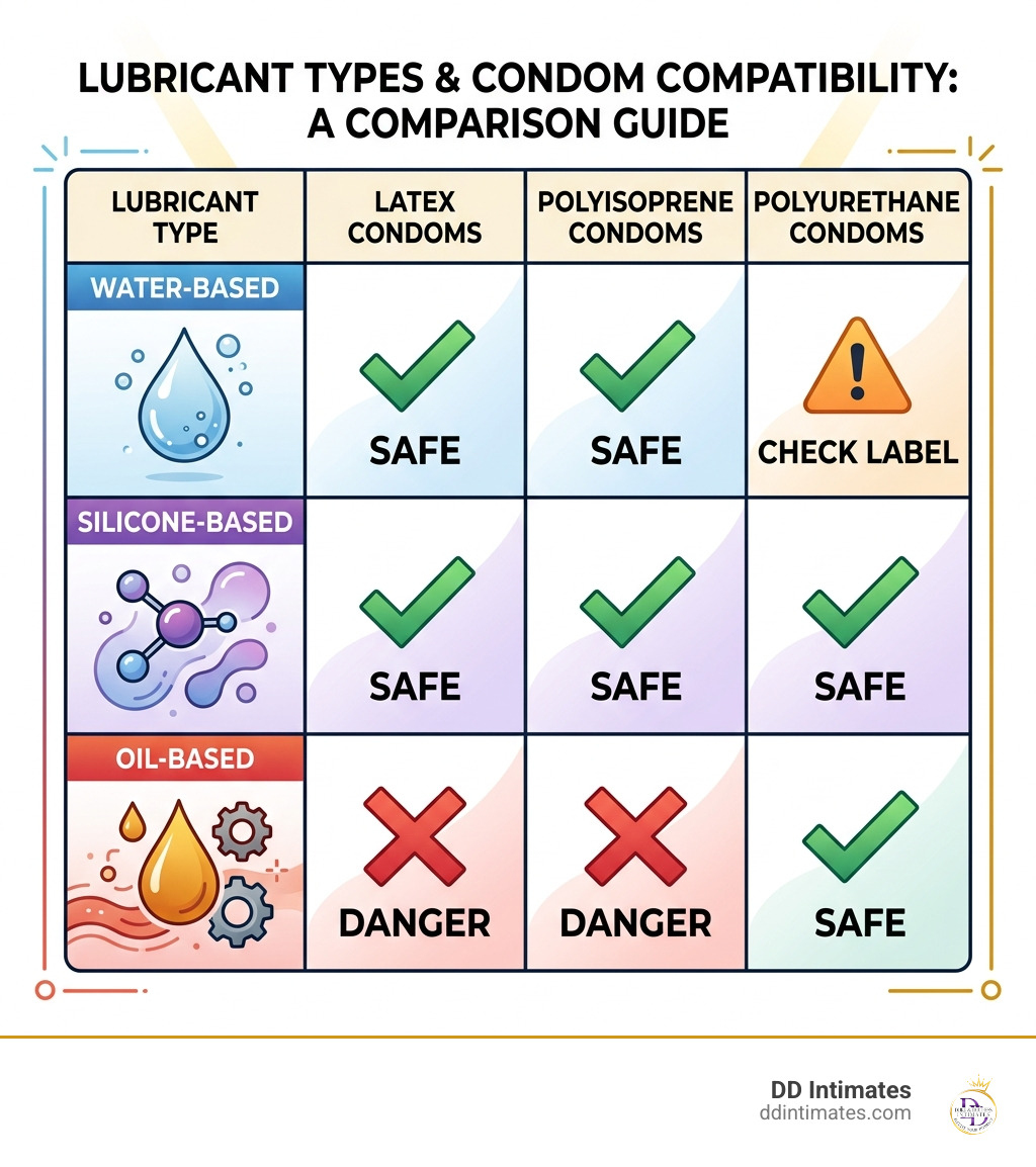 Comparison table of lubricant types and condom compatibility - water-based lubricants for condoms infographic
