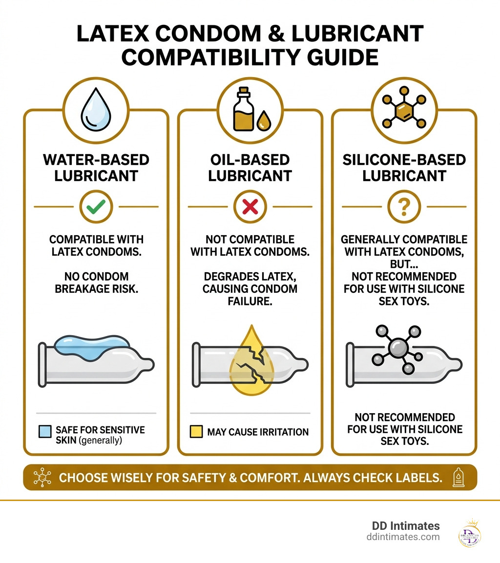 Infographic comparing water-based vs oil-based vs silicone lubricant compatibility with latex condoms - water-based