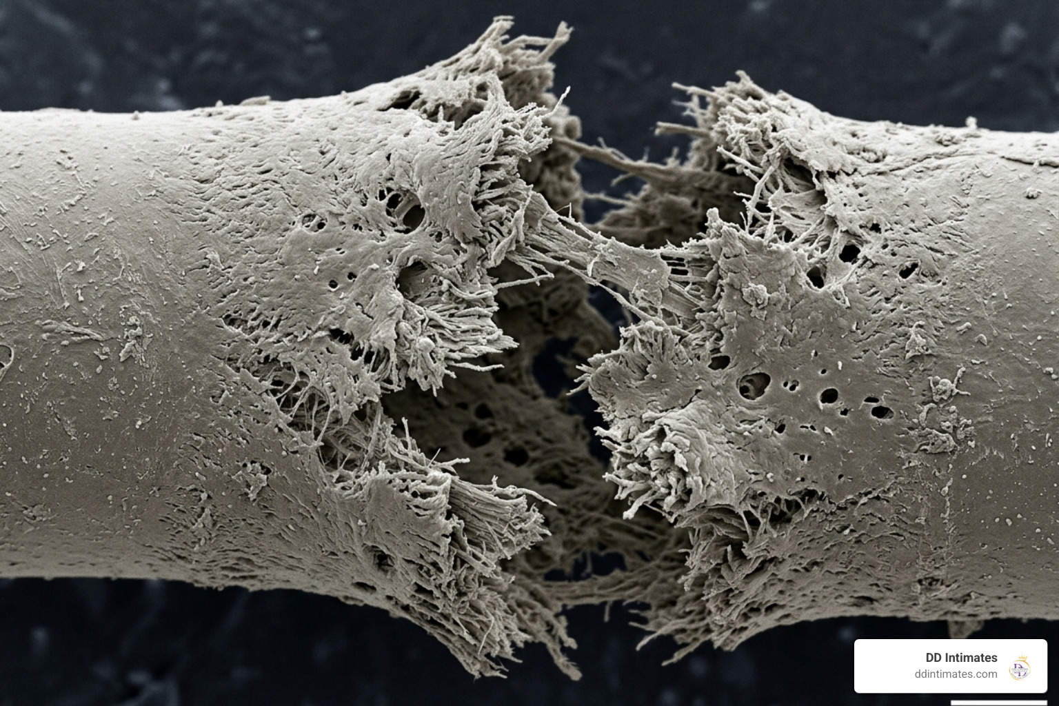 Graphic showing a microscopic view of a broken latex condom fiber - water-based lubricants for condoms