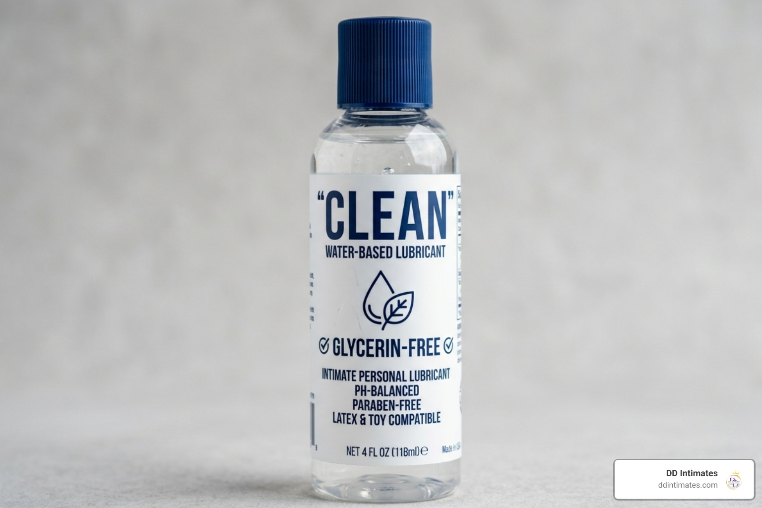 Close up of a "Clean" and "Glycerin-Free" label on a bottle - water-based lubricants for condoms