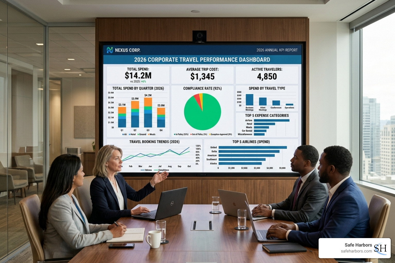 KPI scorecard showing 2026 performance metrics including total spend and compliance - corporate travel data analytics