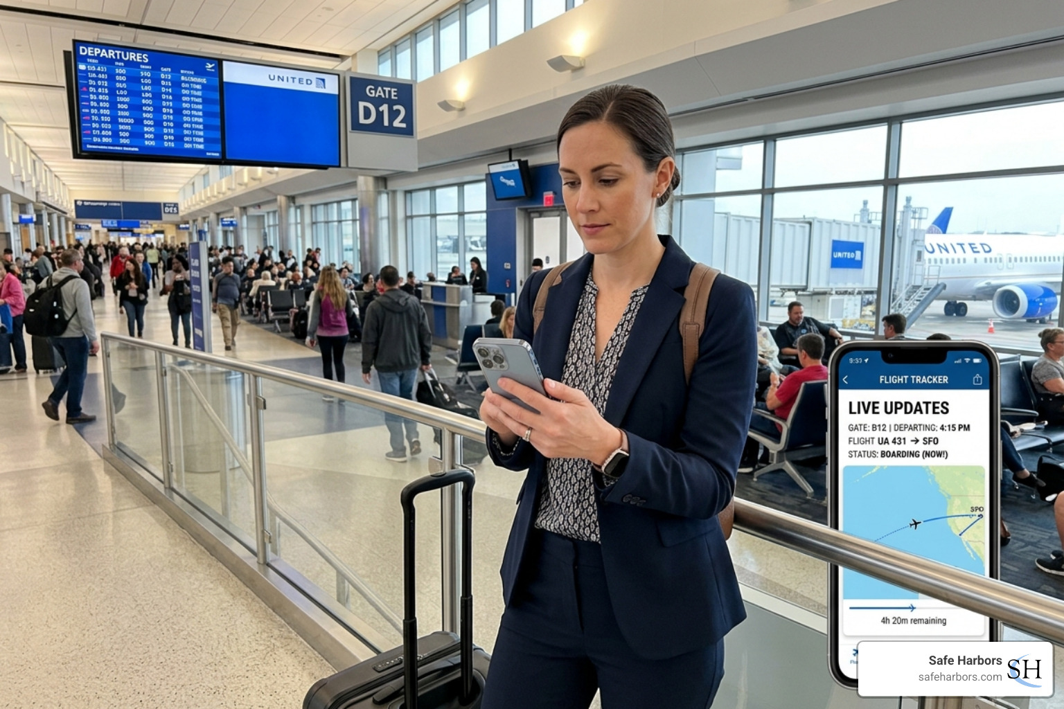 Business traveler using a mobile app for real-time travel updates and data tracking - corporate travel data analytics