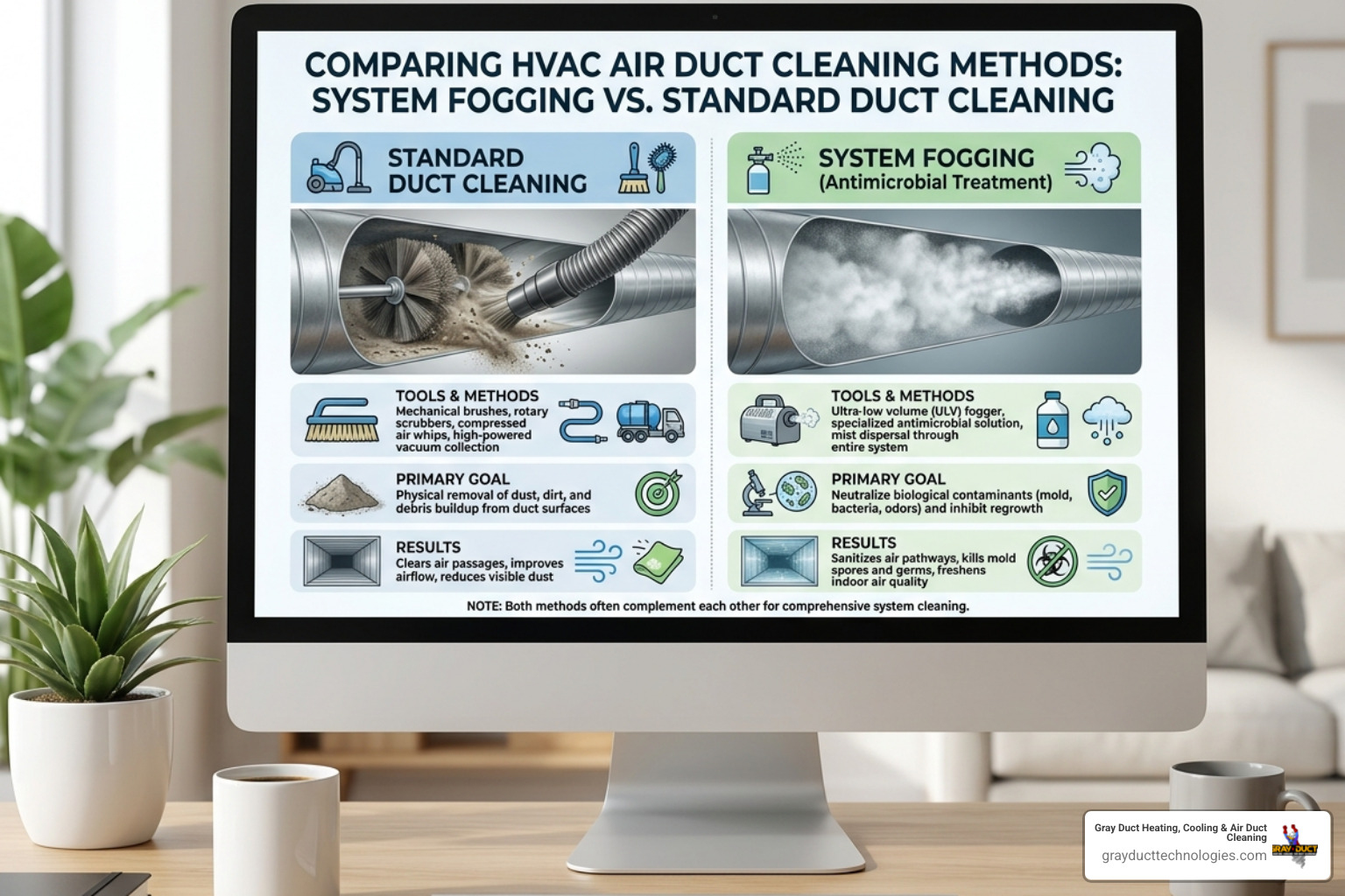 Infographic comparing system fogging vs standard duct cleaning: methods, goals, tools, and results - system fogging vs Infographic comparing system fogging vs standard duct cleaning: methods, goals, tools, and results - system fogging vs
