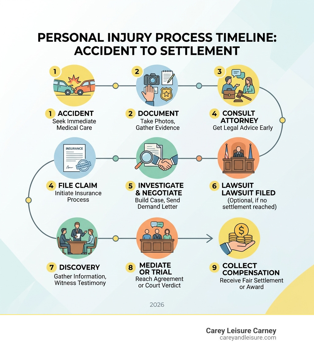 Personal injury process timeline infographic from accident to settlement - personal injury process infographic 