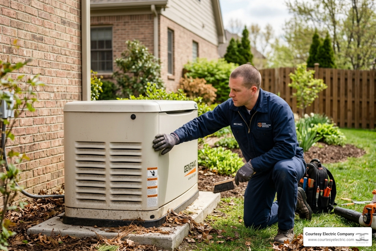 A technician clearing debris and checking the enclosure of a standby generator in the spring - spring generator maintenance
