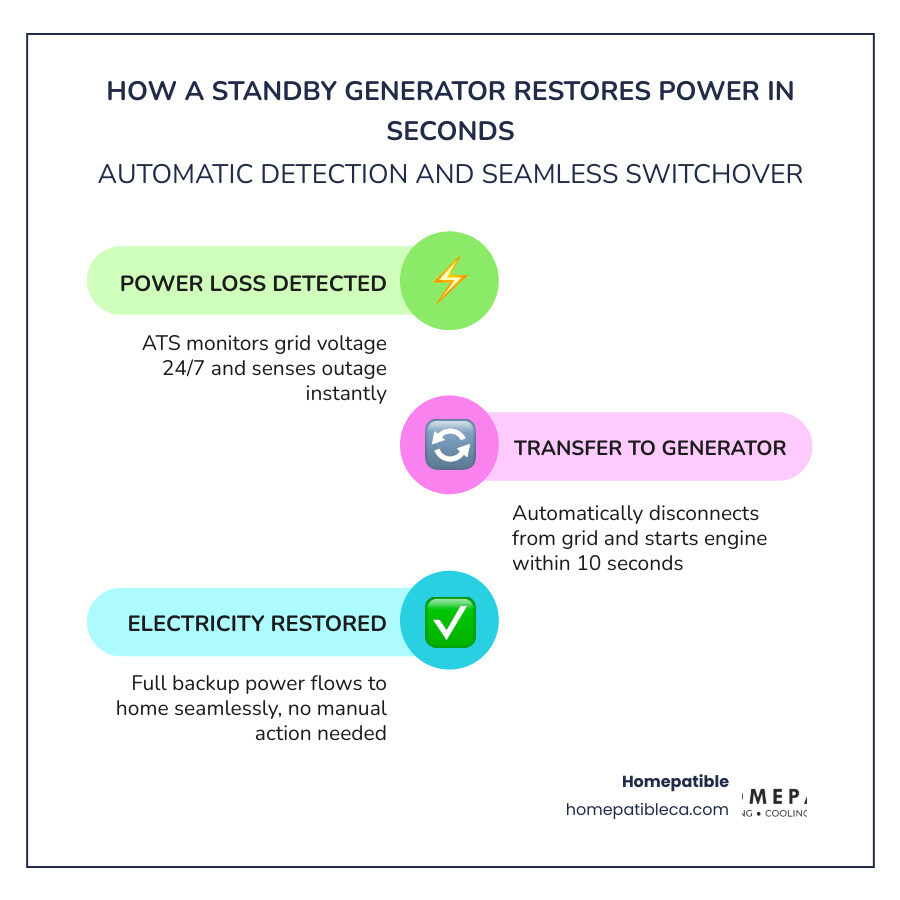 Infographic showing how a standby generator detects power loss and restores electricity automatically in seconds - generator Infographic showing how a standby generator detects power loss and restores electricity automatically in seconds - generator
