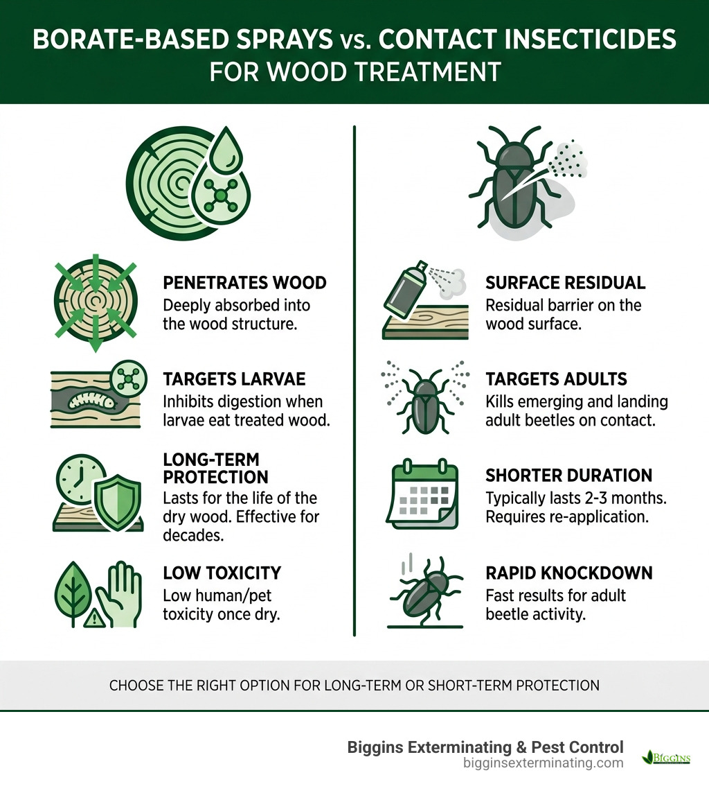 Comparison of borate-based sprays versus contact insecticides for wood treatment - powderpost beetle spray infographic 