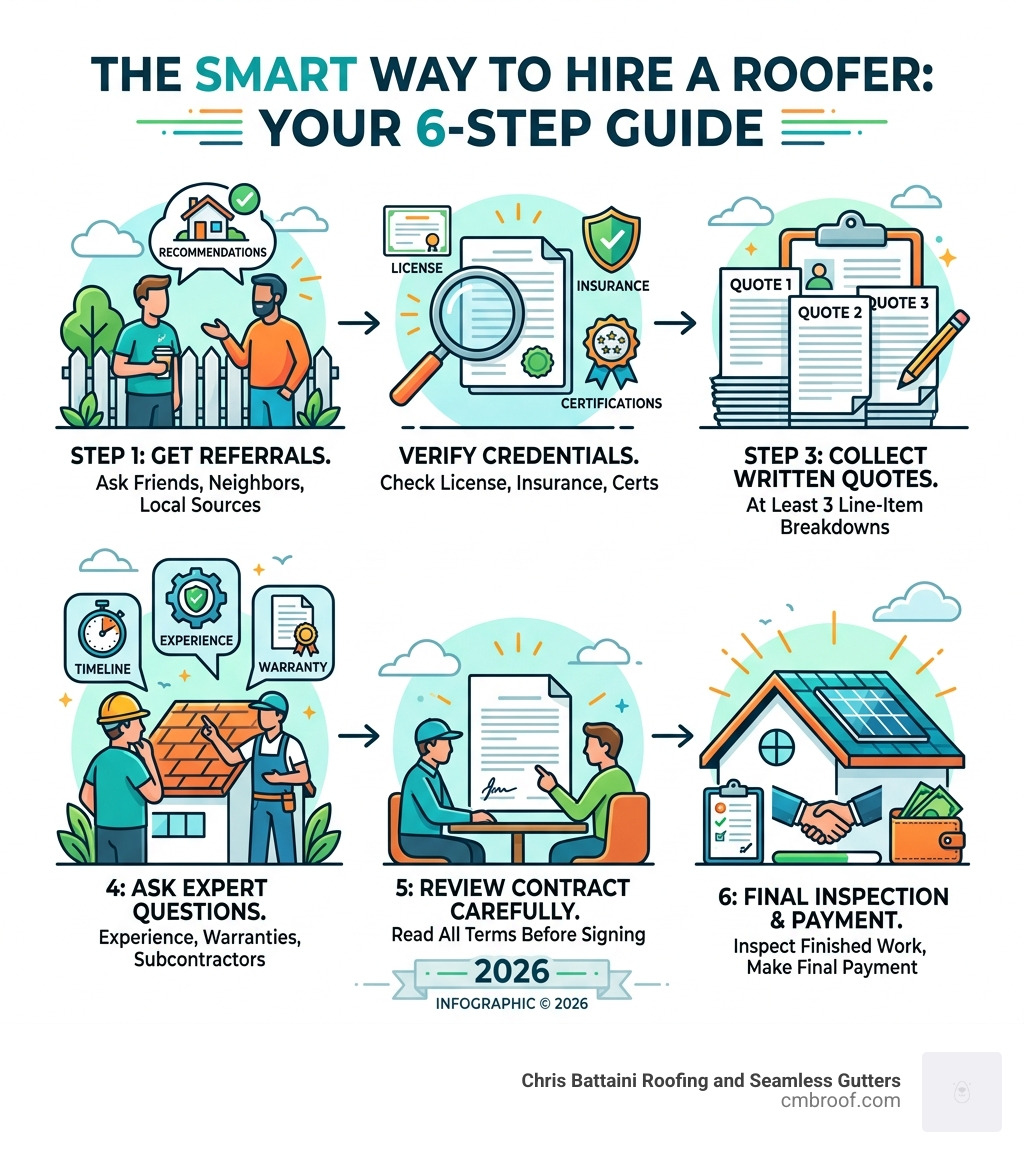 Step-by-step infographic showing the roofing hire process from referrals to final inspection - Hiring a roofer infographic 