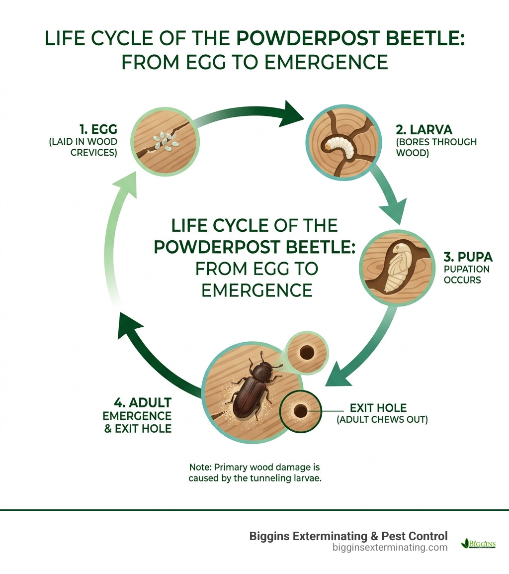 Powderpost beetle life cycle from egg through larva, pupa, to adult emergence with exit hole - powderpost beetle spray