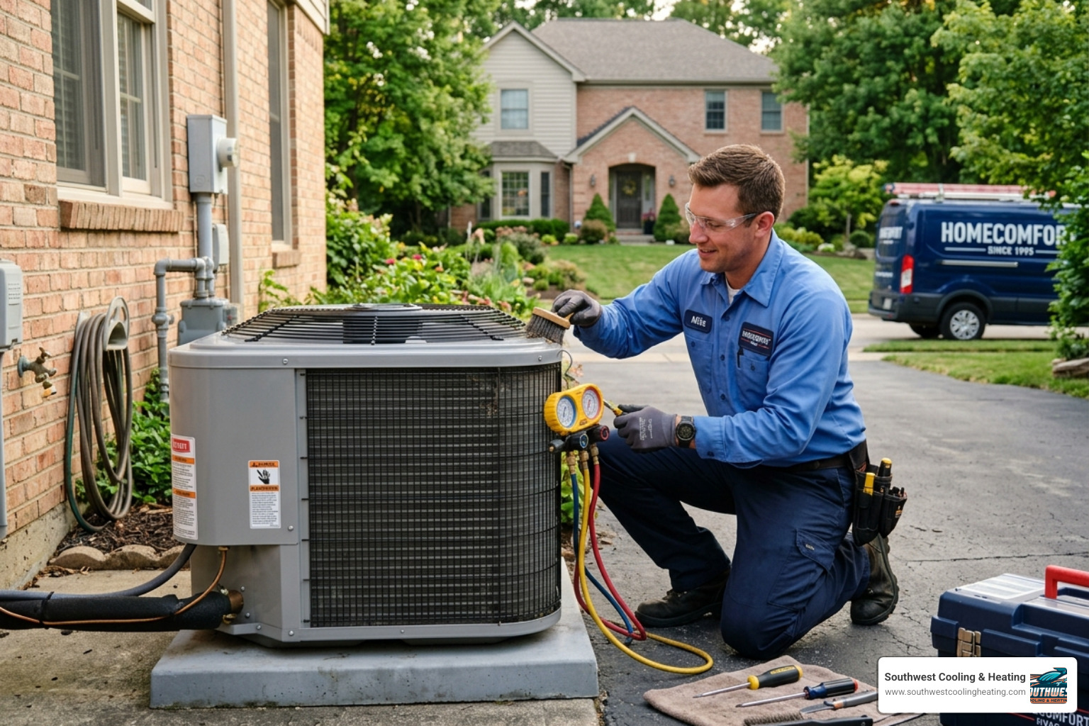 A professional technician performing a seasonal HVAC tune-up on an outdoor unit - how often should you service your hvac A professional technician performing a seasonal HVAC tune-up on an outdoor unit - how often should you service your hvac