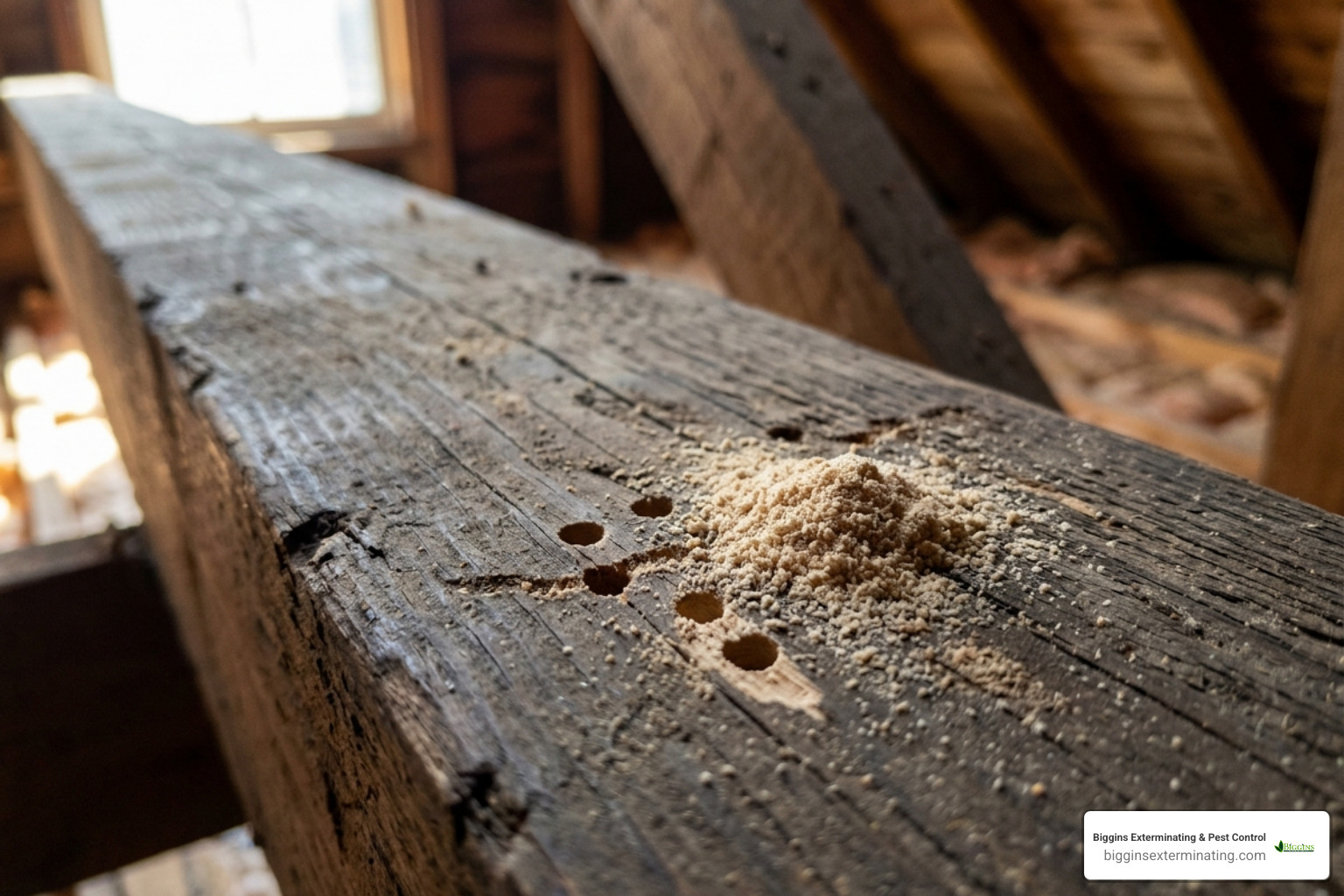 Fresh flour-like frass on a wooden beam near exit holes - powderpost beetle spray