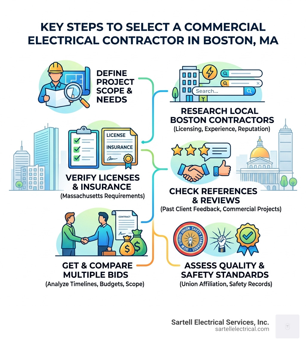 Infographic showing key steps to select a commercial electrical contractor in Boston MA - commercial electrical contractors Infographic showing key steps to select a commercial electrical contractor in Boston MA - commercial electrical contractors