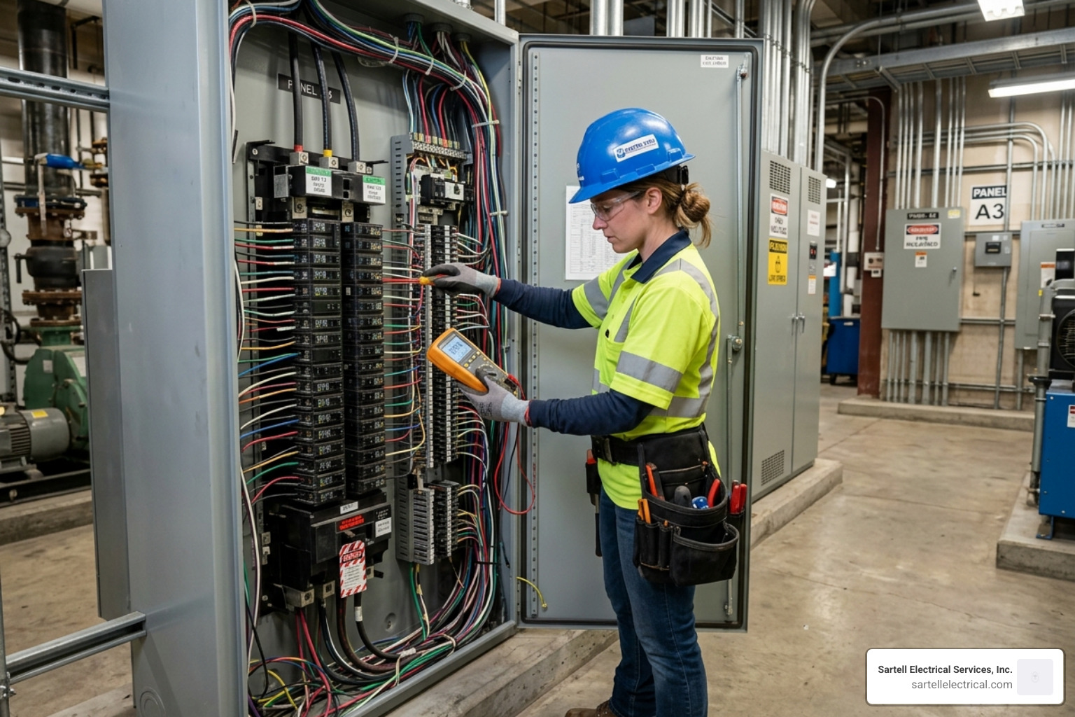 Electrician performing preventative maintenance on a commercial electrical panel - commercial electrical contractors boston Electrician performing preventative maintenance on a commercial electrical panel - commercial electrical contractors boston
