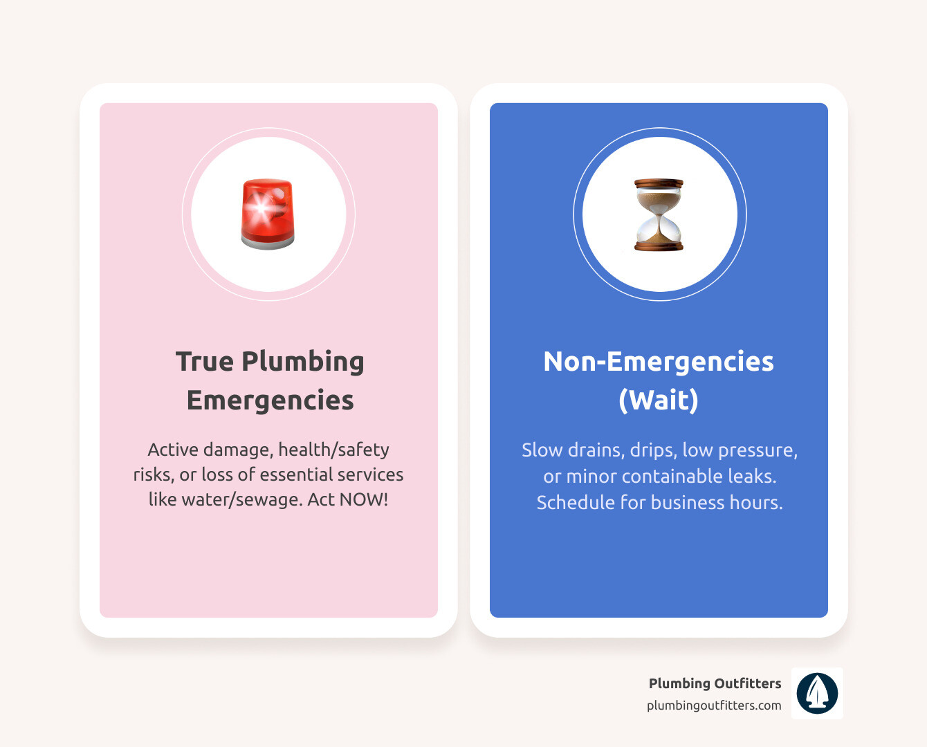 Infographic showing plumbing emergencies vs non-emergencies and first 10-minute response steps - when a plumbing problem is Infographic showing plumbing emergencies vs non-emergencies and first 10-minute response steps - when a plumbing problem is