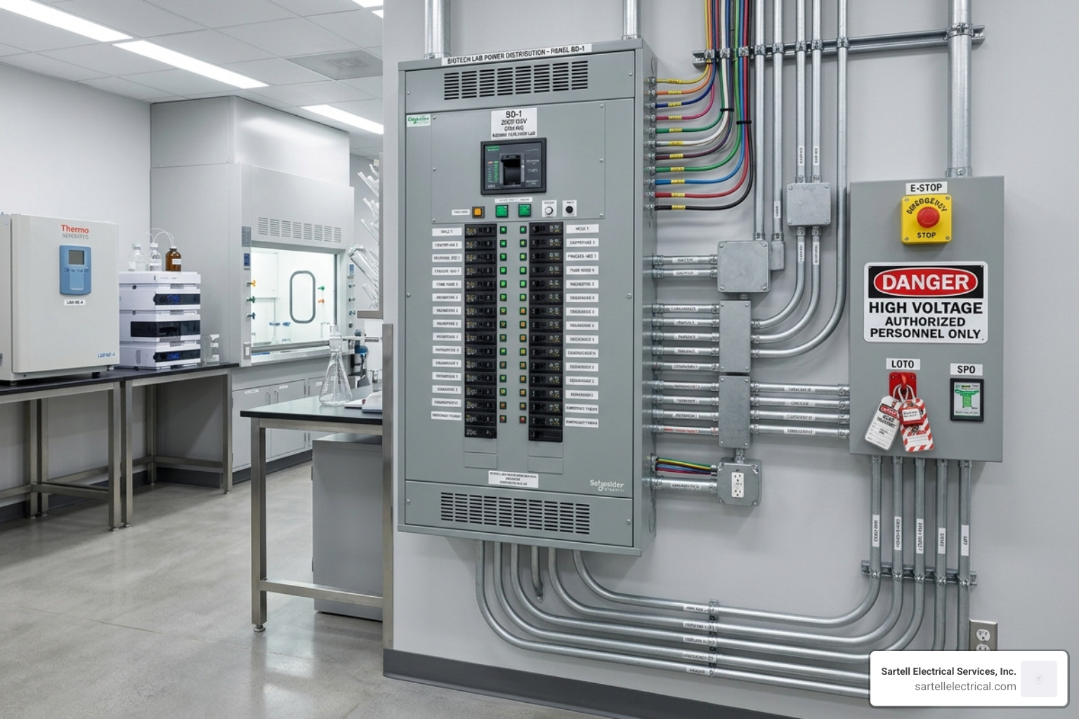 Modern biotech laboratory electrical setup showing complex wiring and safety controls - commercial electrical contractors Modern biotech laboratory electrical setup showing complex wiring and safety controls - commercial electrical contractors