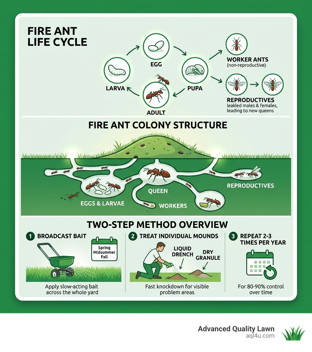 Infographic showing fire ant life cycle, colony structure, and Two-Step Method overview: best way to kill fire ants in yard
