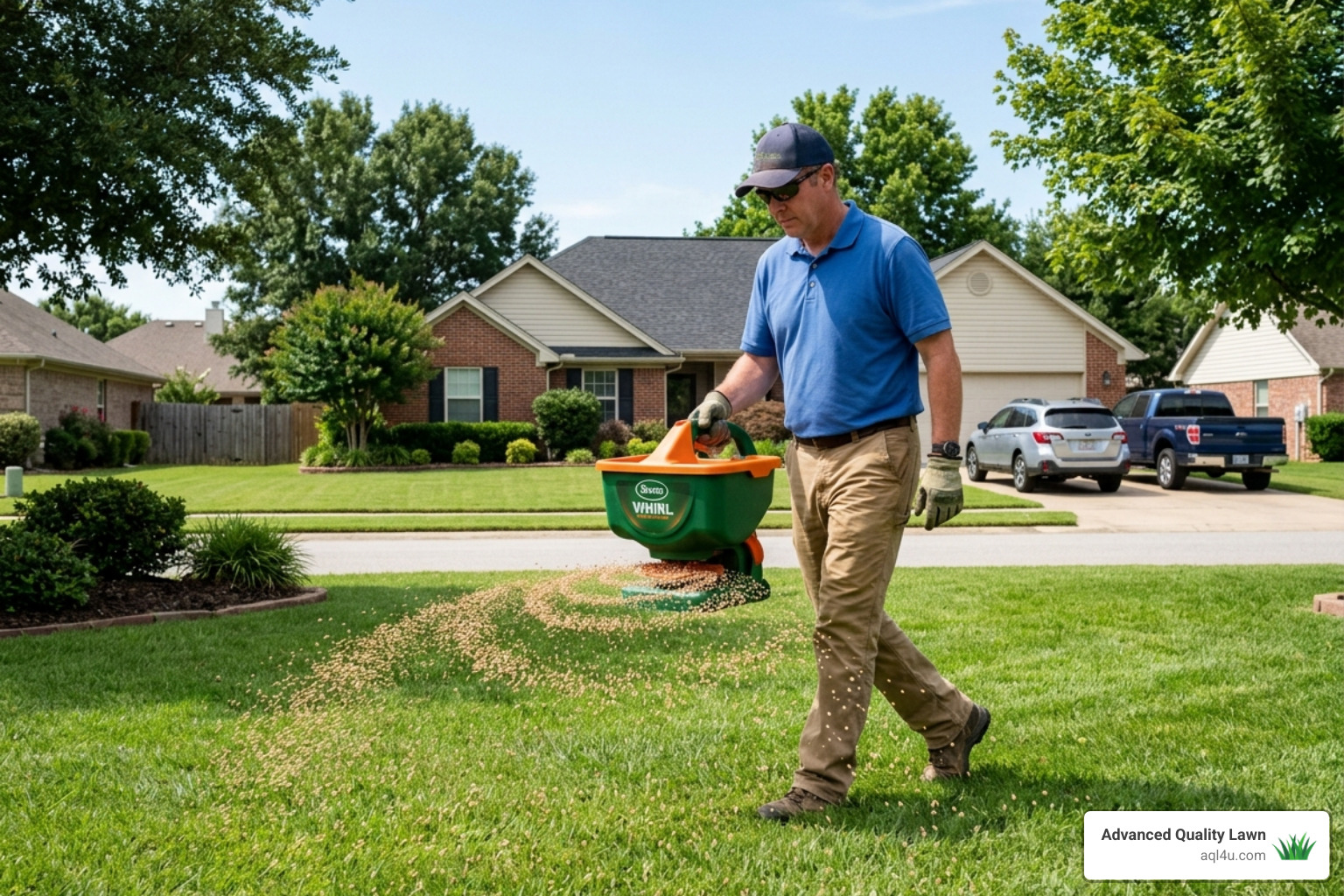 A homeowner using a hand-held spreader to broadcast bait across a lawn: best way to kill fire ants in yard