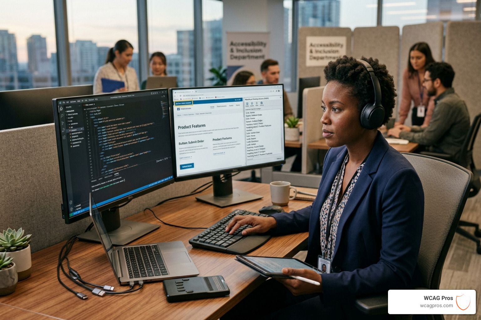 An accessibility consultant reviewing website code for screen reader compatibility and keyboard navigation - accessibility An accessibility consultant reviewing website code for screen reader compatibility and keyboard navigation - accessibility
