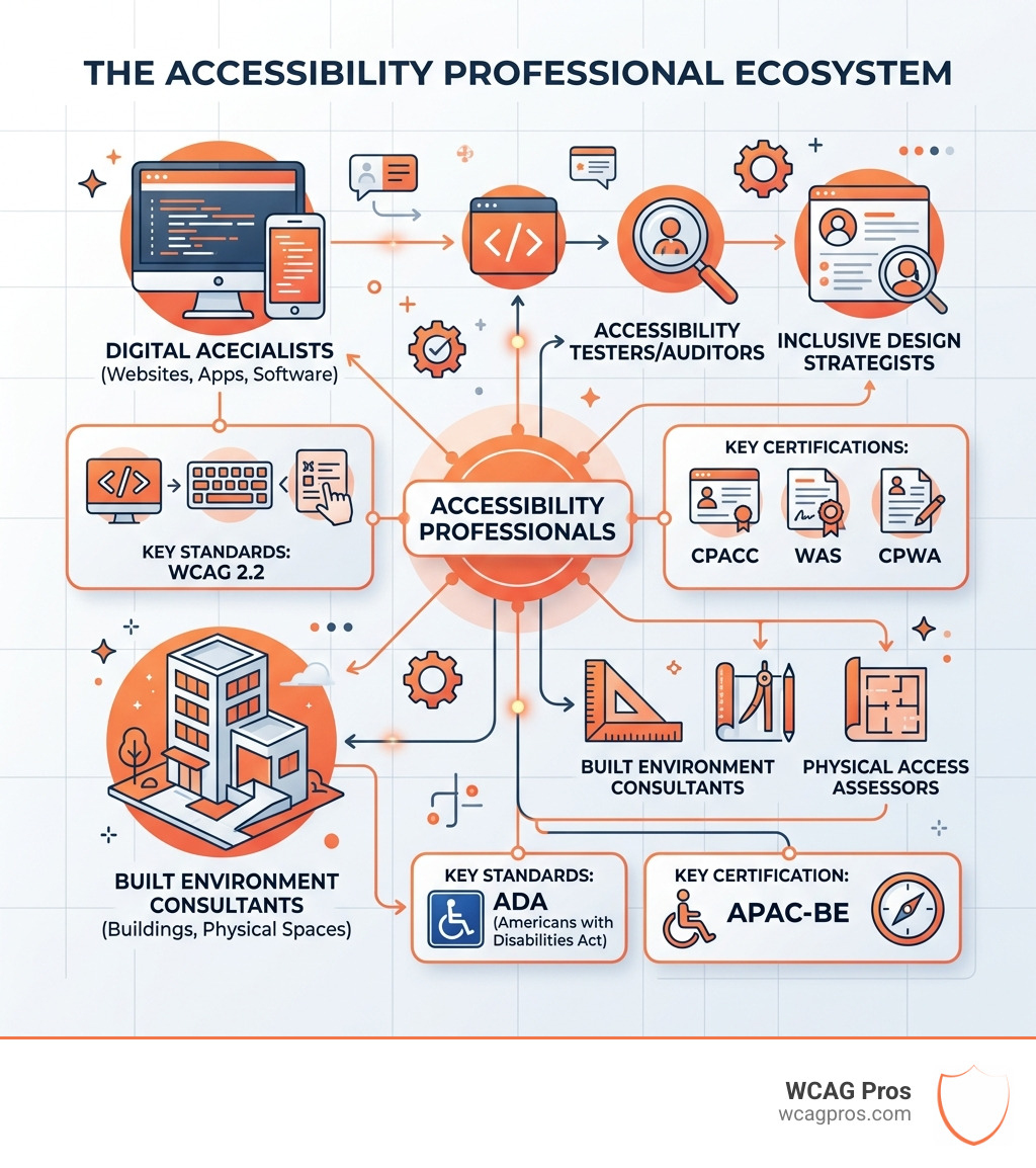 Infographic showing the accessibility professional ecosystem including digital specialists, built environment consultants Infographic showing the accessibility professional ecosystem including digital specialists, built environment consultants
