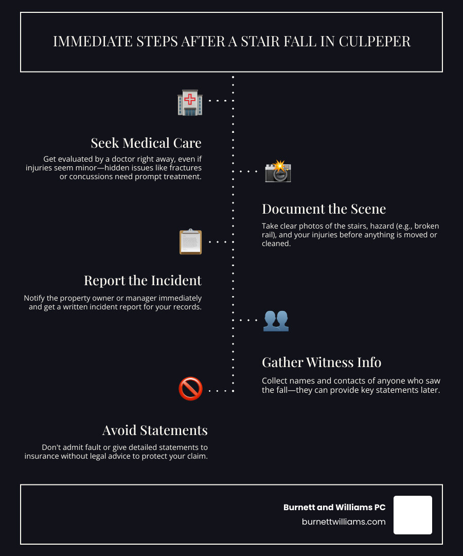Immediate steps after a stair fall in Culpeper: seek medical care, document the scene, report the fall, contact an attorney Immediate steps after a stair fall in Culpeper: seek medical care, document the scene, report the fall, contact an attorney