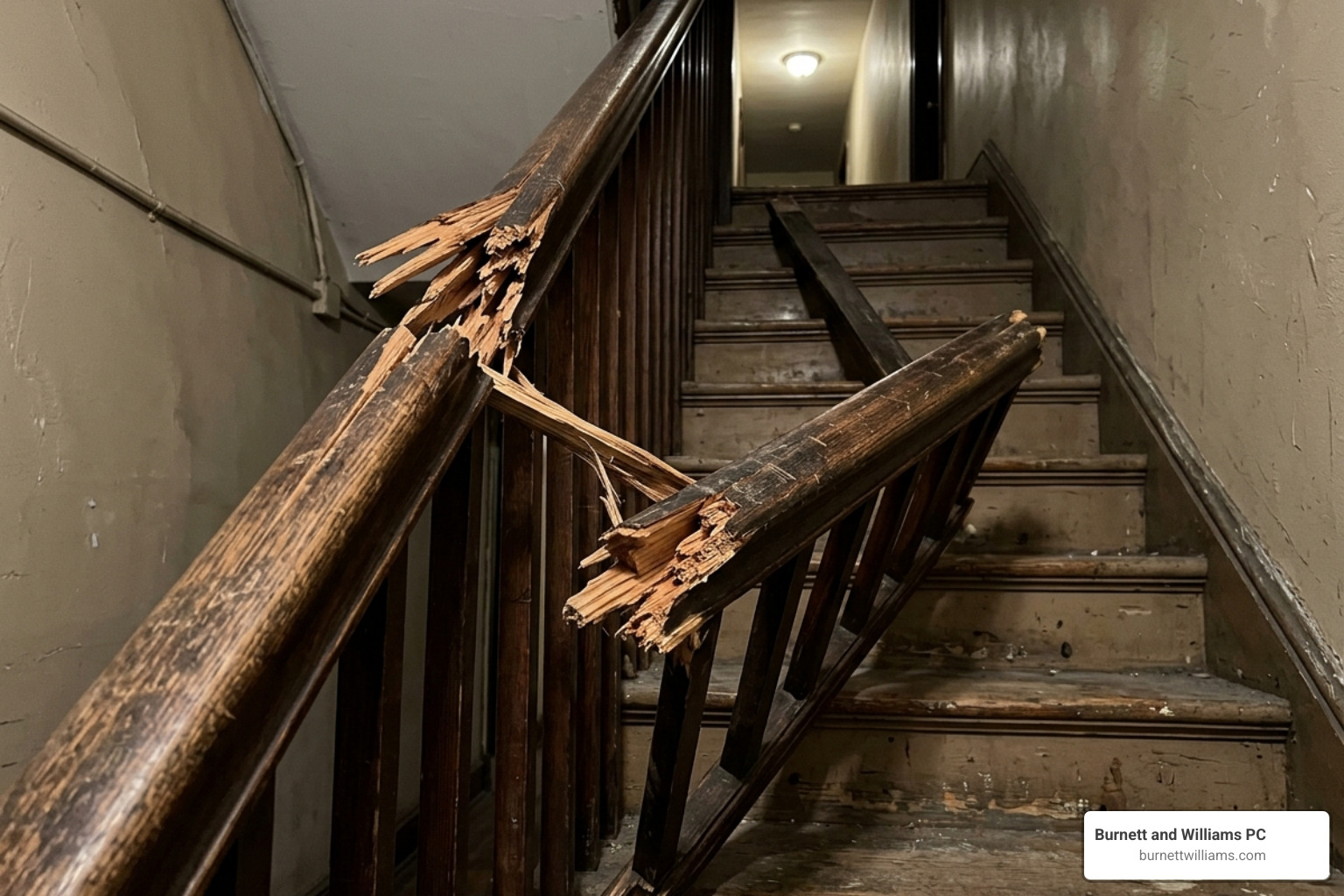 Broken handrail on a wooden staircase in a residential building, Culpeper stair fall injury attorney Broken handrail on a wooden staircase in a residential building, Culpeper stair fall injury attorney