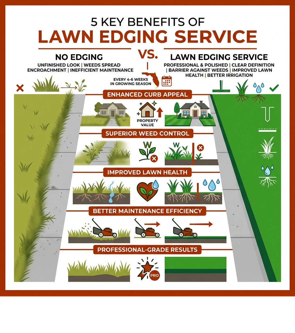 Infographic showing 5 benefits of lawn edging service vs. no edging, including curb appeal, weed control, and lawn health