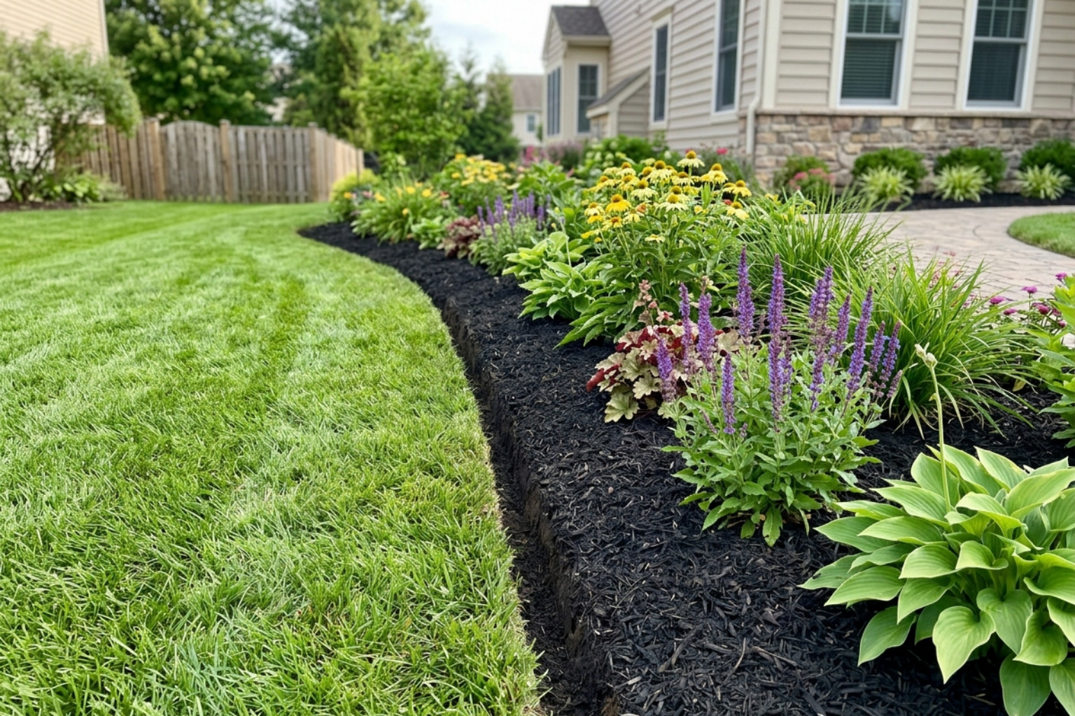 a garden bed with deep professional edges showing mulch retention and clear separation from the lawn - lawn edging service