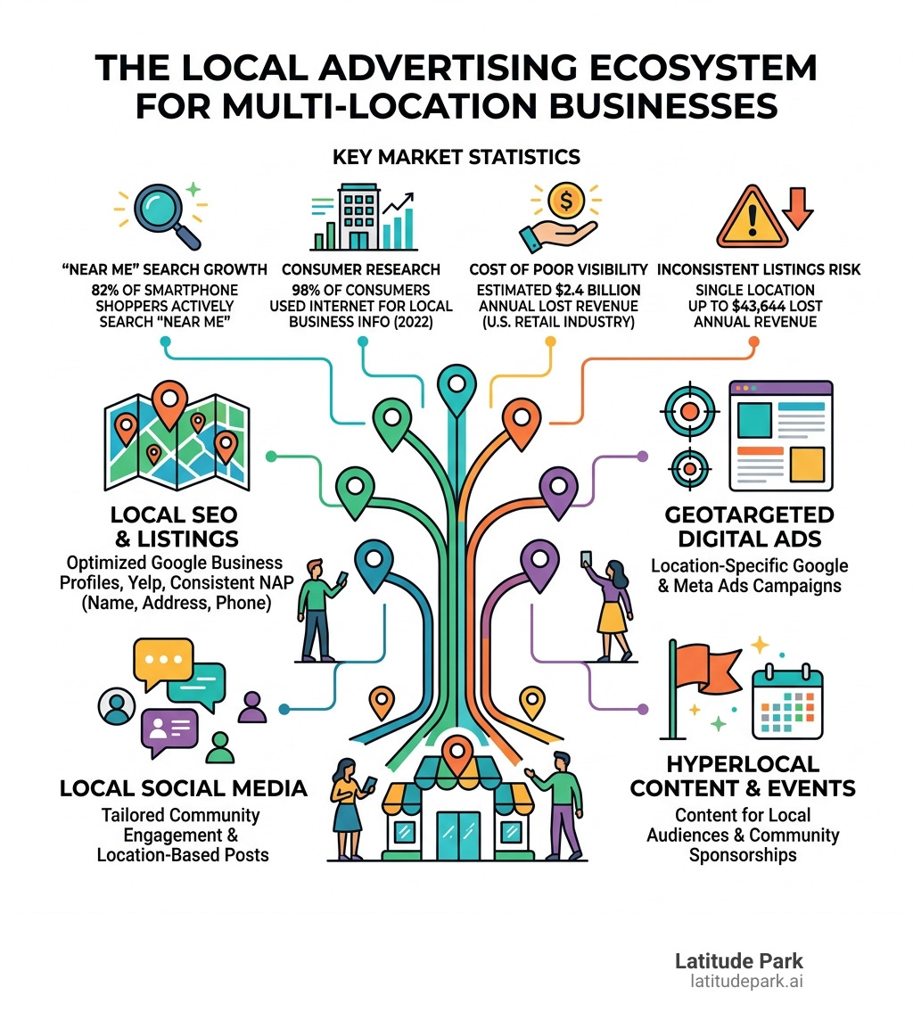 Infographic showing key stats and channels in the local advertising ecosystem for multi-location businesses - local
