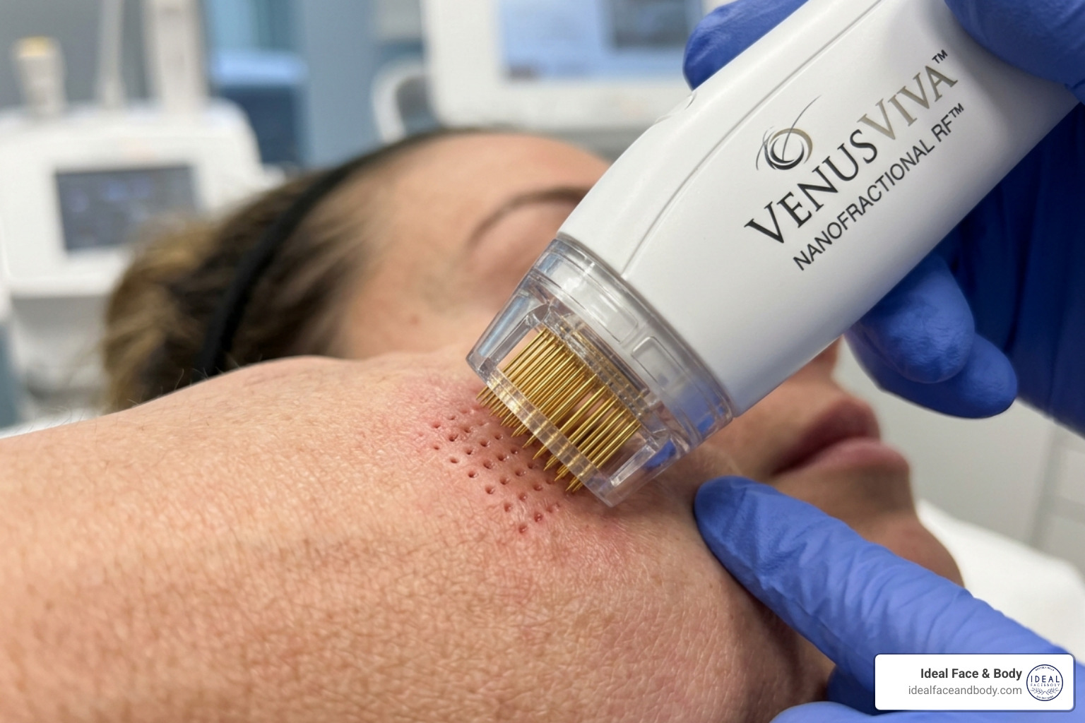 Close up of Venus Viva applicator pins and NanoFractional technology for skin resurfacing - Venus Viva for acne scars Close up of Venus Viva applicator pins and NanoFractional technology for skin resurfacing - Venus Viva for acne scars