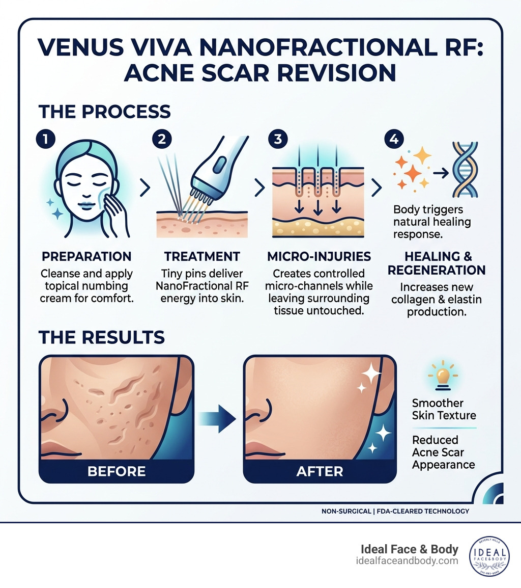 Infographic explaining Venus Viva NanoFractional RF process for acne scar revision steps and results - Venus Viva for acne Infographic explaining Venus Viva NanoFractional RF process for acne scar revision steps and results - Venus Viva for acne