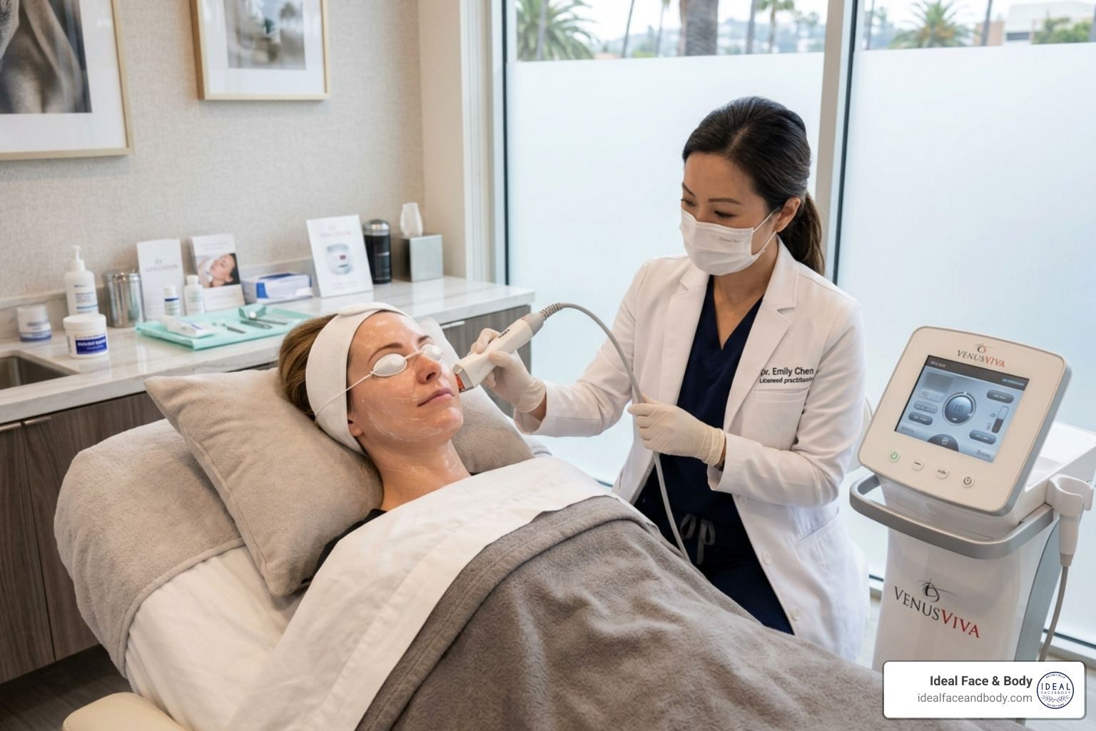Patient in a clinical setting in Beverly Hills receiving a Venus Viva treatment - Venus Viva for acne scars Patient in a clinical setting in Beverly Hills receiving a Venus Viva treatment - Venus Viva for acne scars