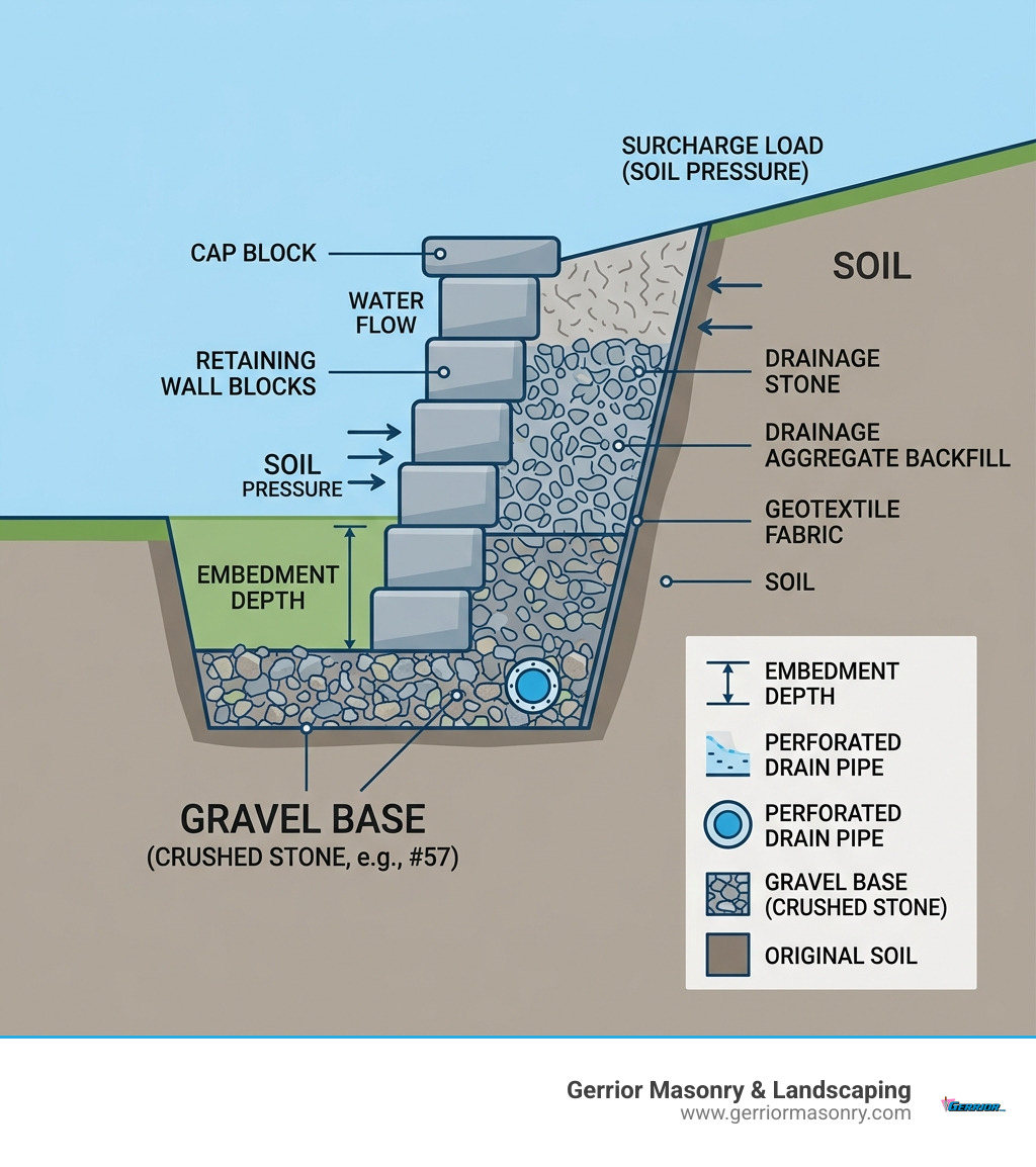 Structural layers of a retaining wall from foundation gravel base to cap block with embedment and drainage - retaining wall