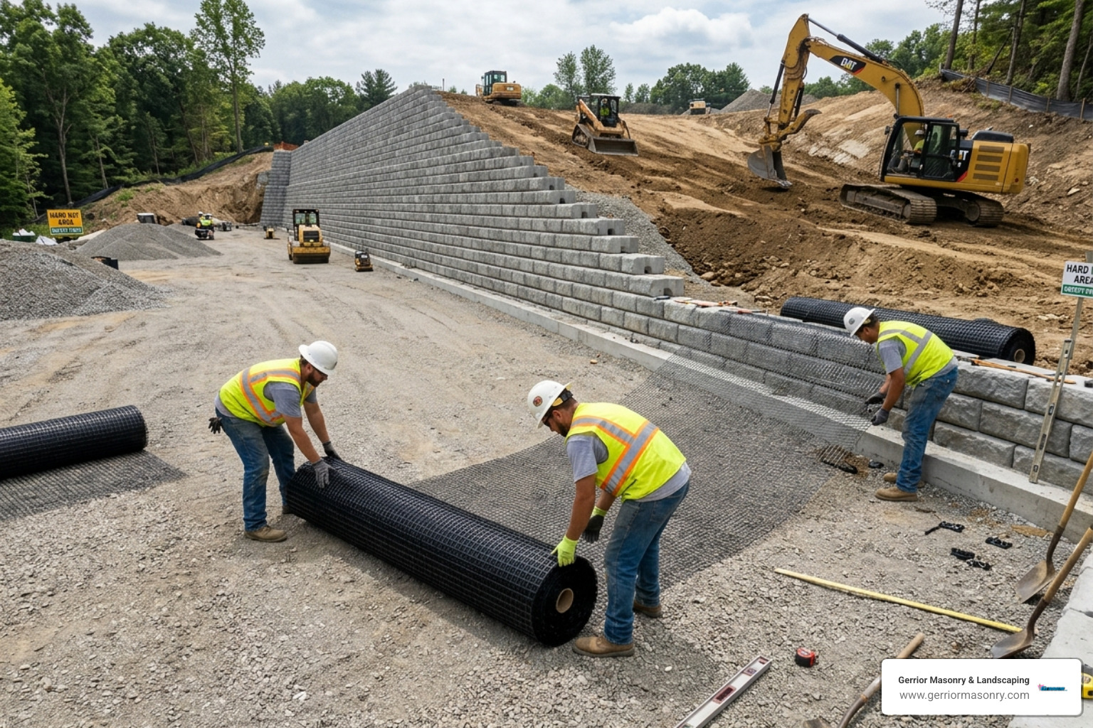 Geogrid reinforcement being laid over a foundation base for a tall retaining wall - retaining wall foundation