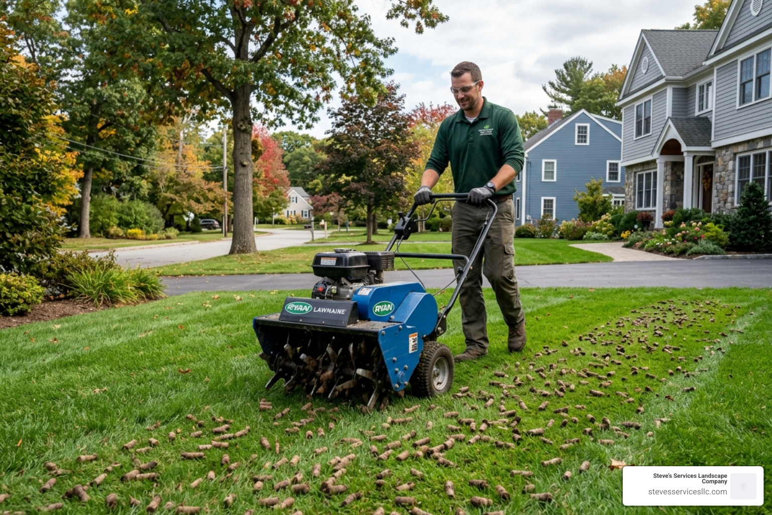 professional core aeration equipment in use on a North Shore lawn - lawn care Danvers MA